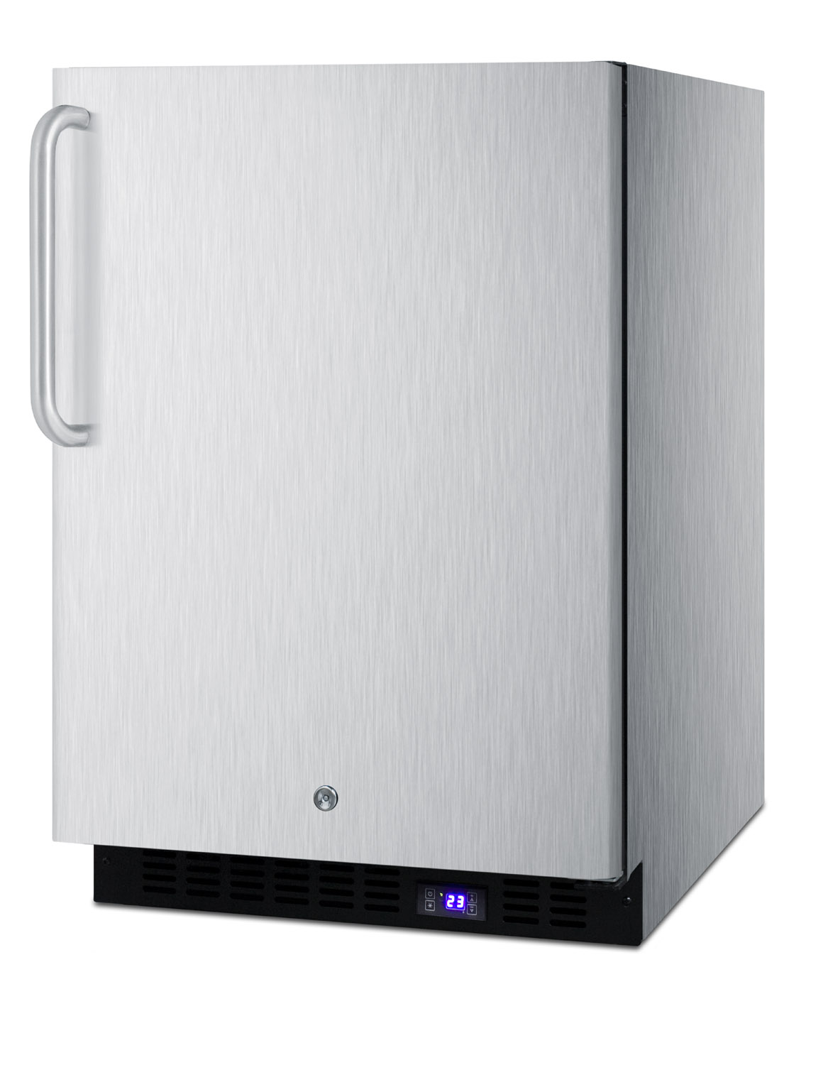 Frost-free outdoor all-freezer in complete stainless steel, with icemaker, digital thermostat, towel bar handle, and lock; built-in or freestanding use